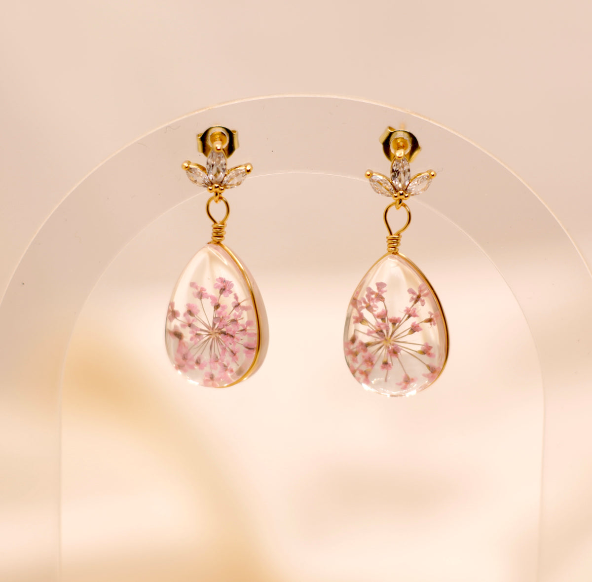 Pressed Pink Flower Teardrop Studs