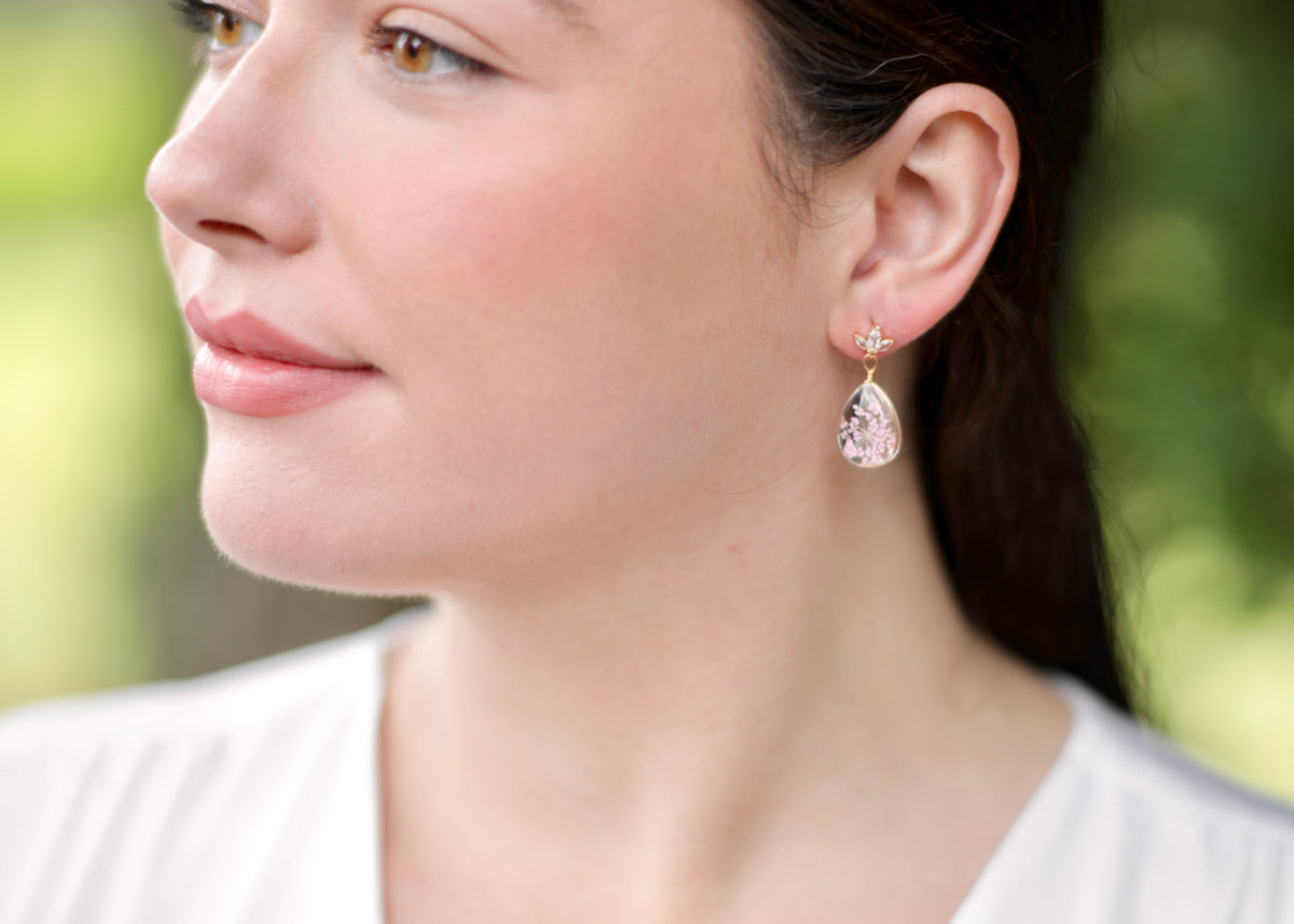 Pressed Pink Flower Teardrop Studs