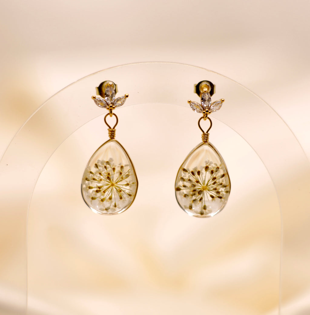 Pressed White Flower Teardrop Studs